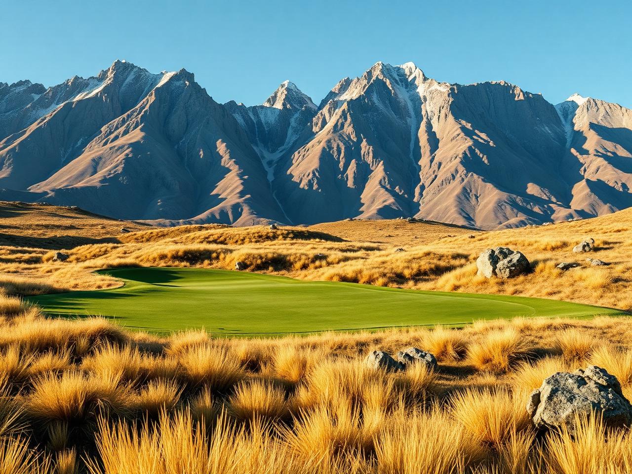 Golf green set among tussock and schist rock with jagged mountains behind