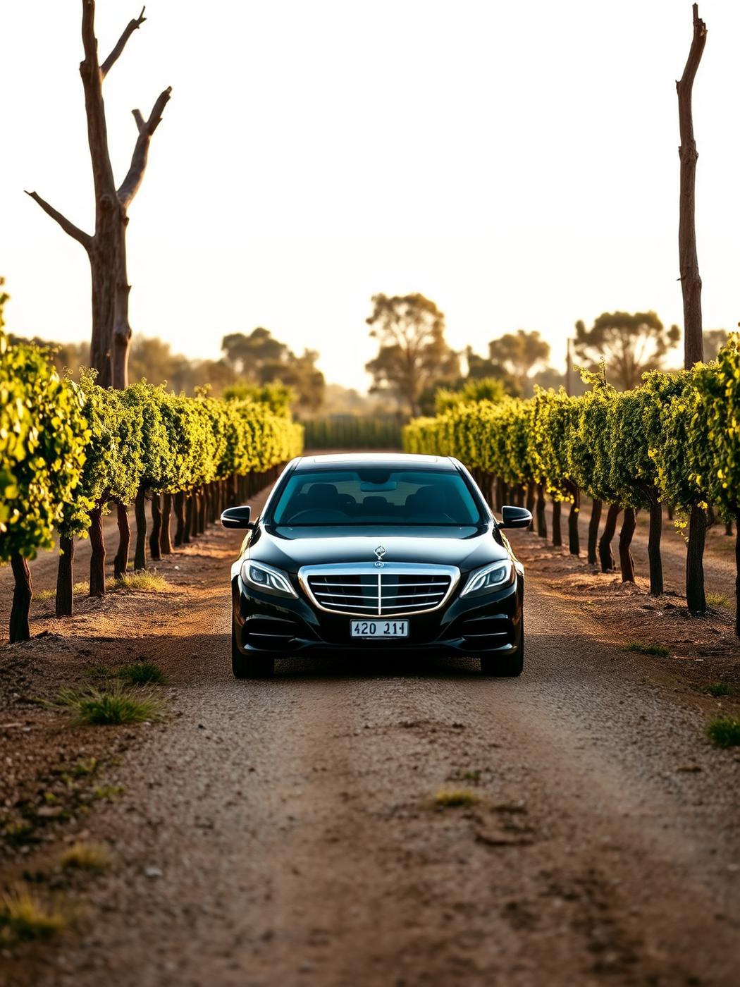 Dark chauffeured sedan on a gravel track between vineyard rows in warm afternoon light