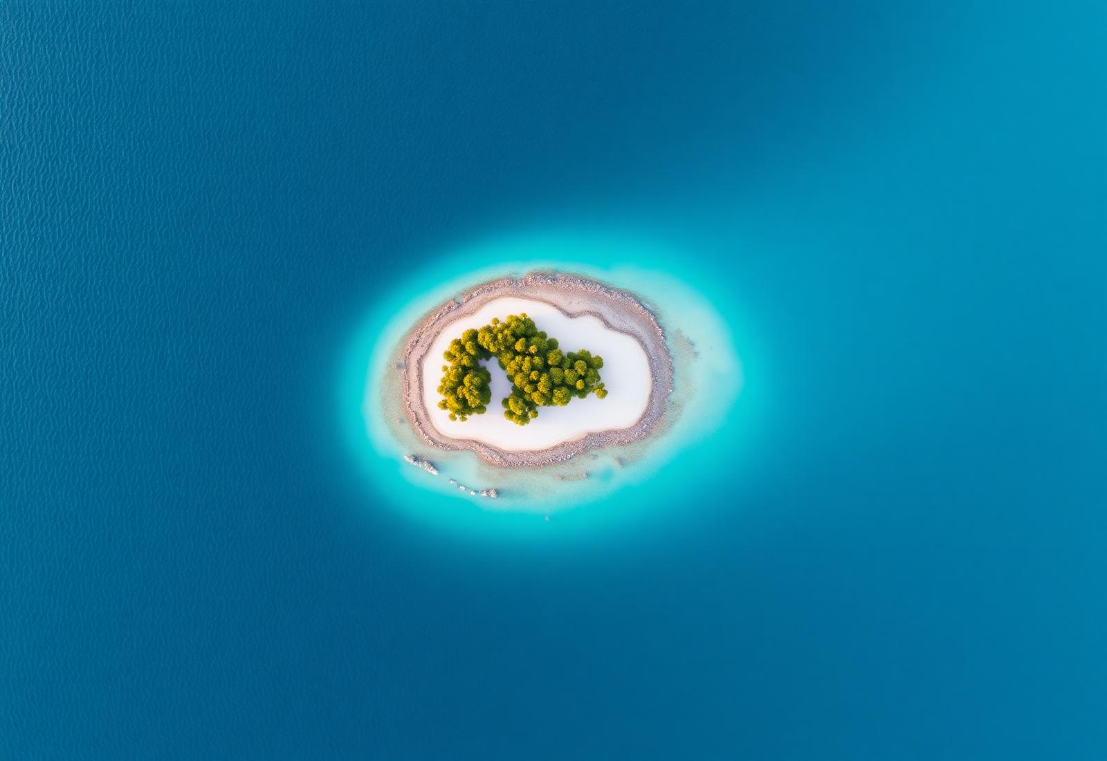 A small tropical island ringed with pale turquoise water, viewed from above.