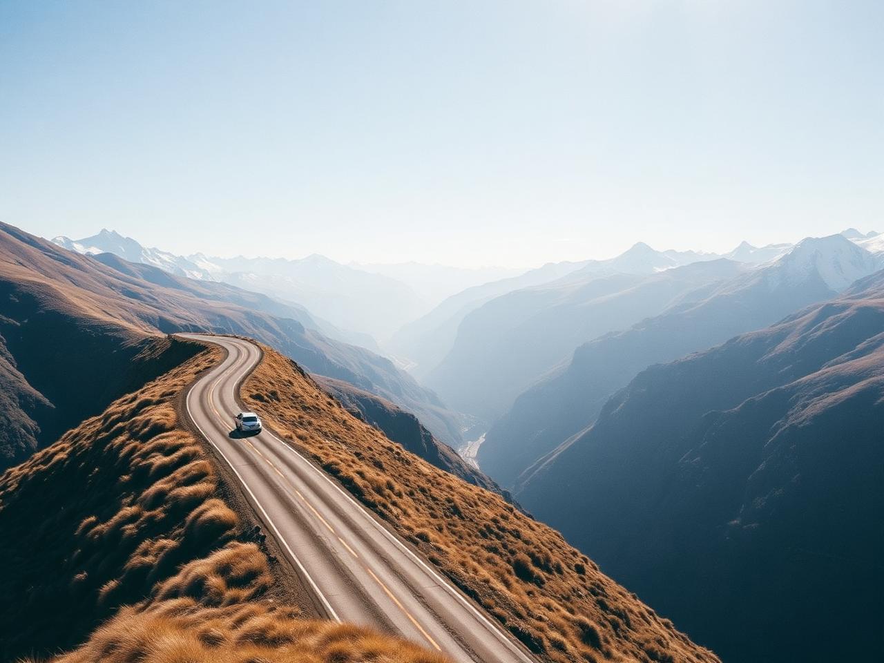 Mountain road switchbacks climbing a golden tussock range under a wide sky