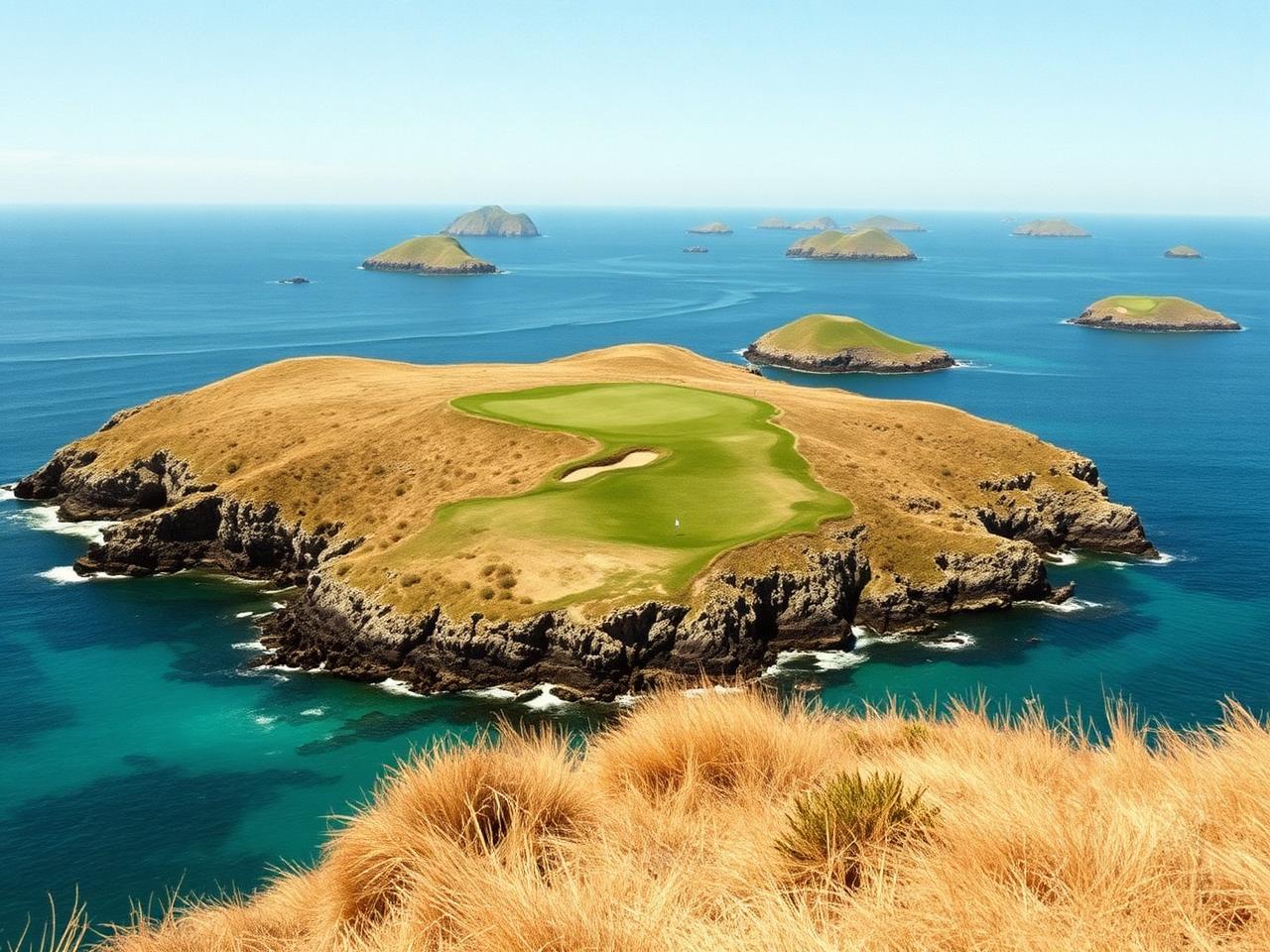 Golf fairway running along an island ridge above bright blue ocean