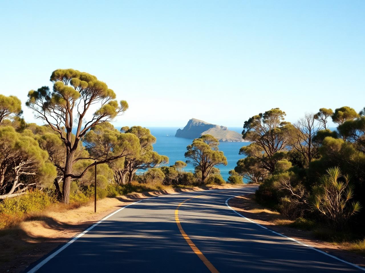 Coastal road curving between eucalypts with a blue bay beyond
