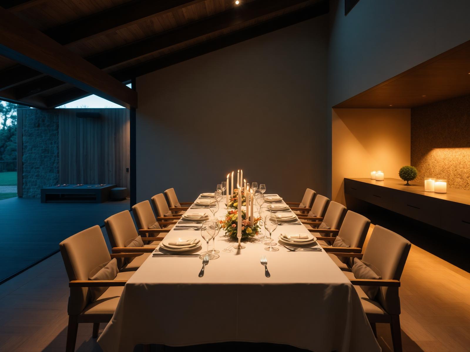 A candlelit dinner table set for twelve inside a minimalist architectural Australian home.