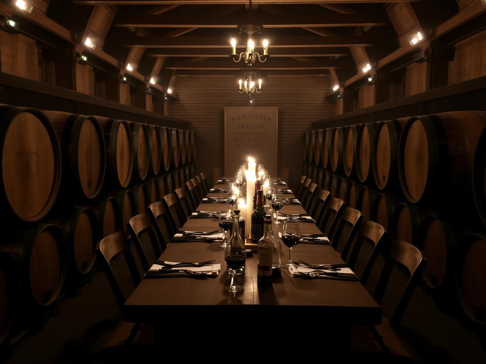 A candlelit cellar dinner beside oak barrels in a Tasmanian winery.