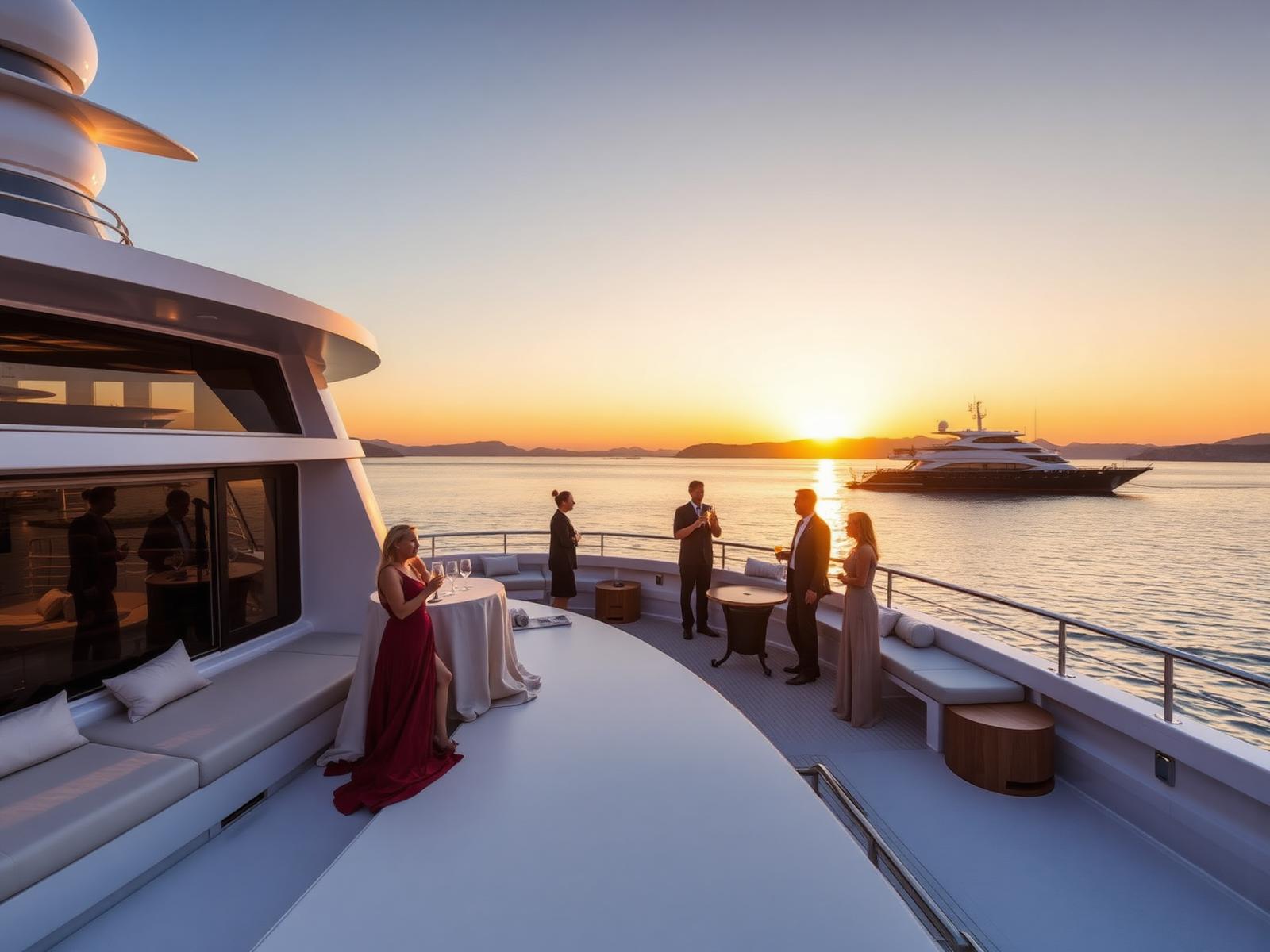 A tender approaching a lit jetty at dusk, passengers in linen.