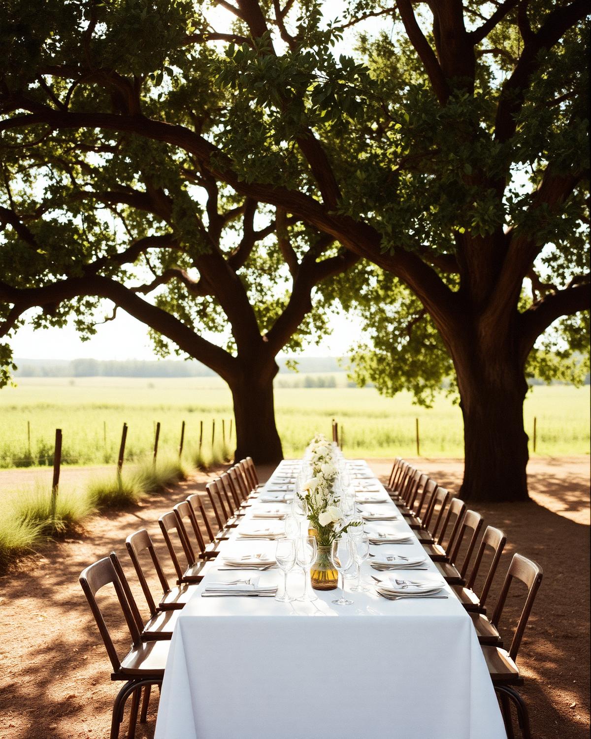 A long table set for lunch under two large trees in Australian farmland