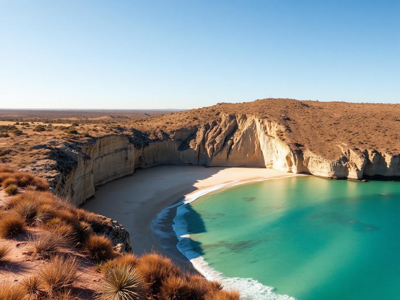 Limestone cliffs above a wide empty beach with turquoise water and dry coastal scrub