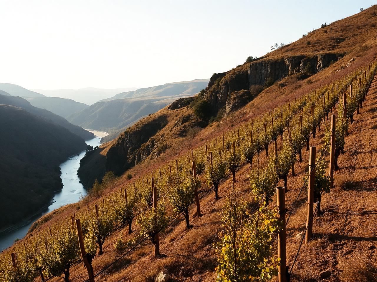 Rows of autumn vines on a dry hillside above a river gorge