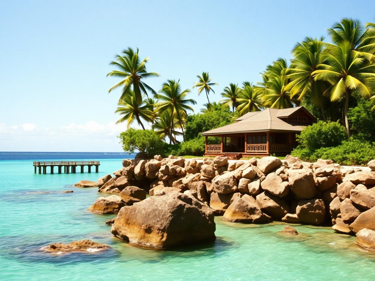 Rustic timber villa among palms above an empty tropical beach in the far north