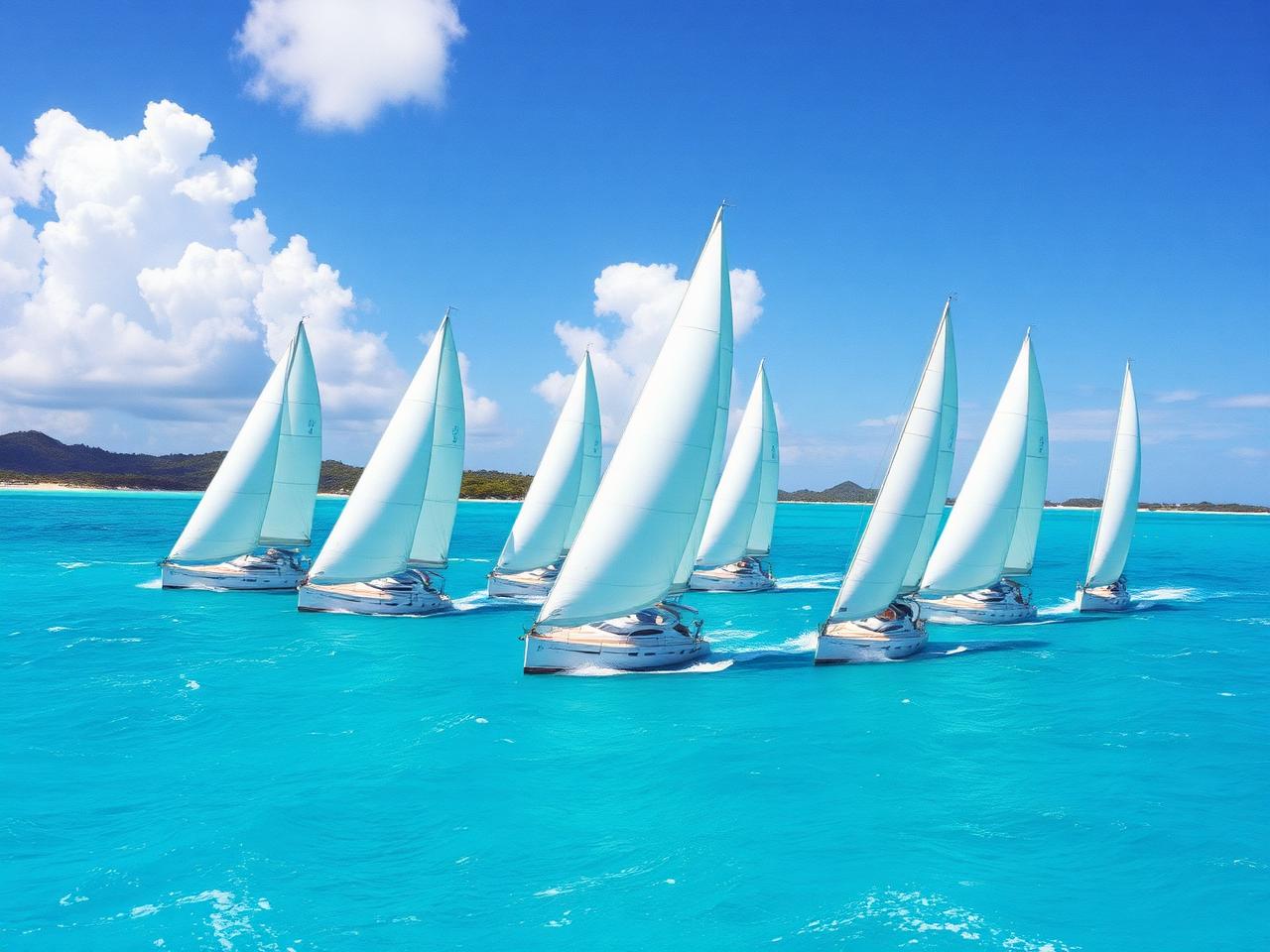 Racing yachts under coloured spinnakers between tropical islands