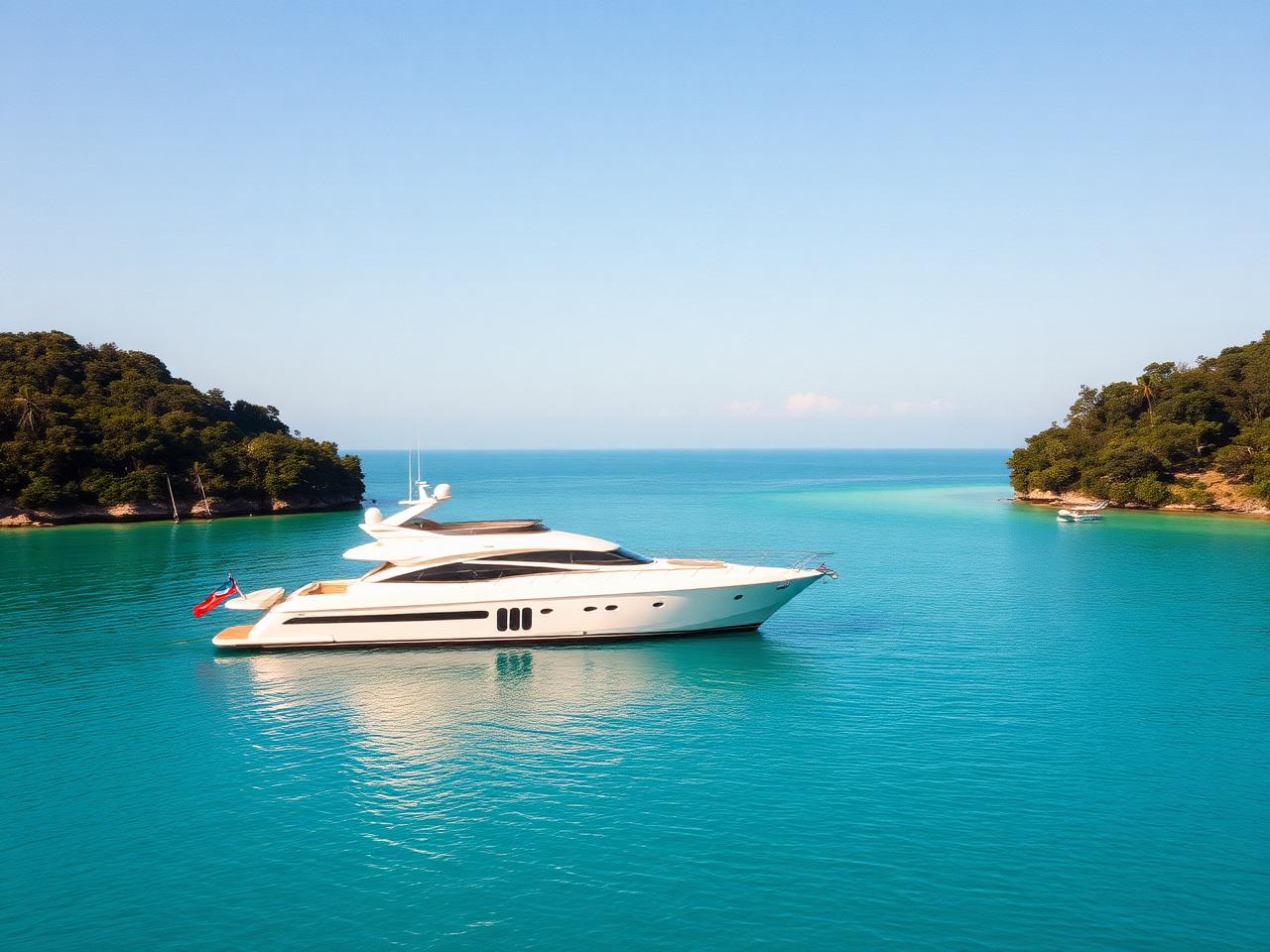 Sailing yacht anchored in a turquoise bay ringed by forested island slopes