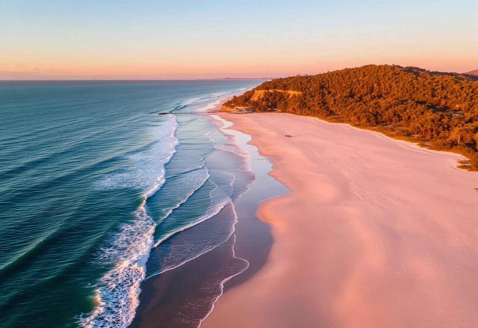 Noosa's Main Beach at sunrise, pale sand and gentle surf beneath a headland of native bush.