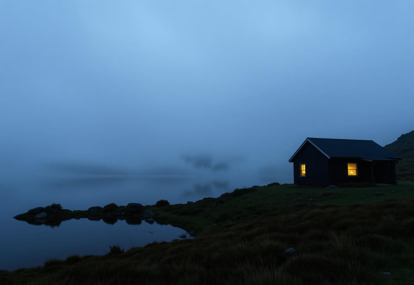 A dark timber wilderness lodge beside a still Tasmanian alpine lake at dusk, low mist across the water.