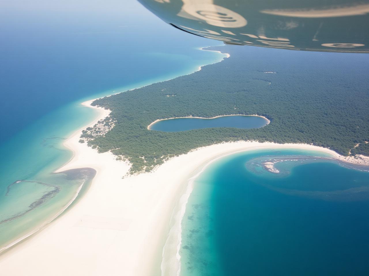Coastline and long sand beach seen from a light aircraft north of Noosa