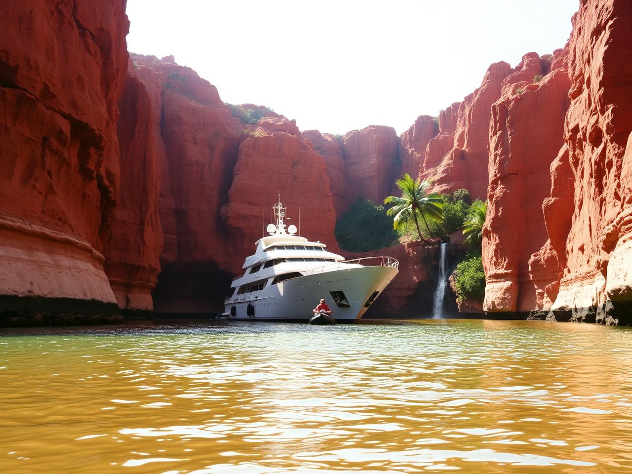 Expedition vessel anchored beneath red sandstone cliffs on a remote tidal coast