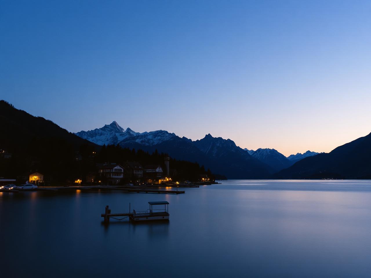 Quiet lakefront street with low buildings, warm evening light and mountains beyond