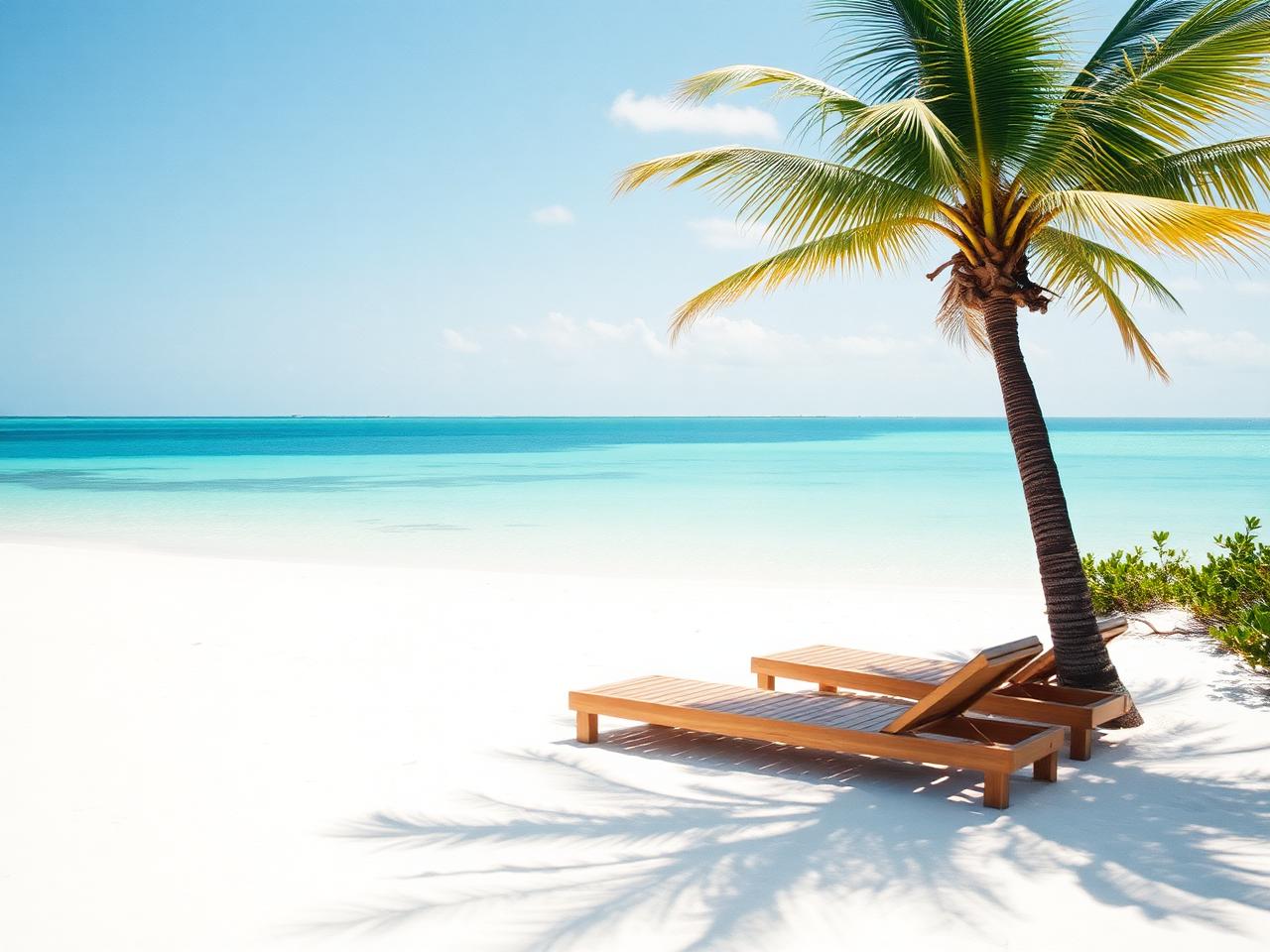 Empty white beach on a tropical island with clear shallow reef water and low scrub