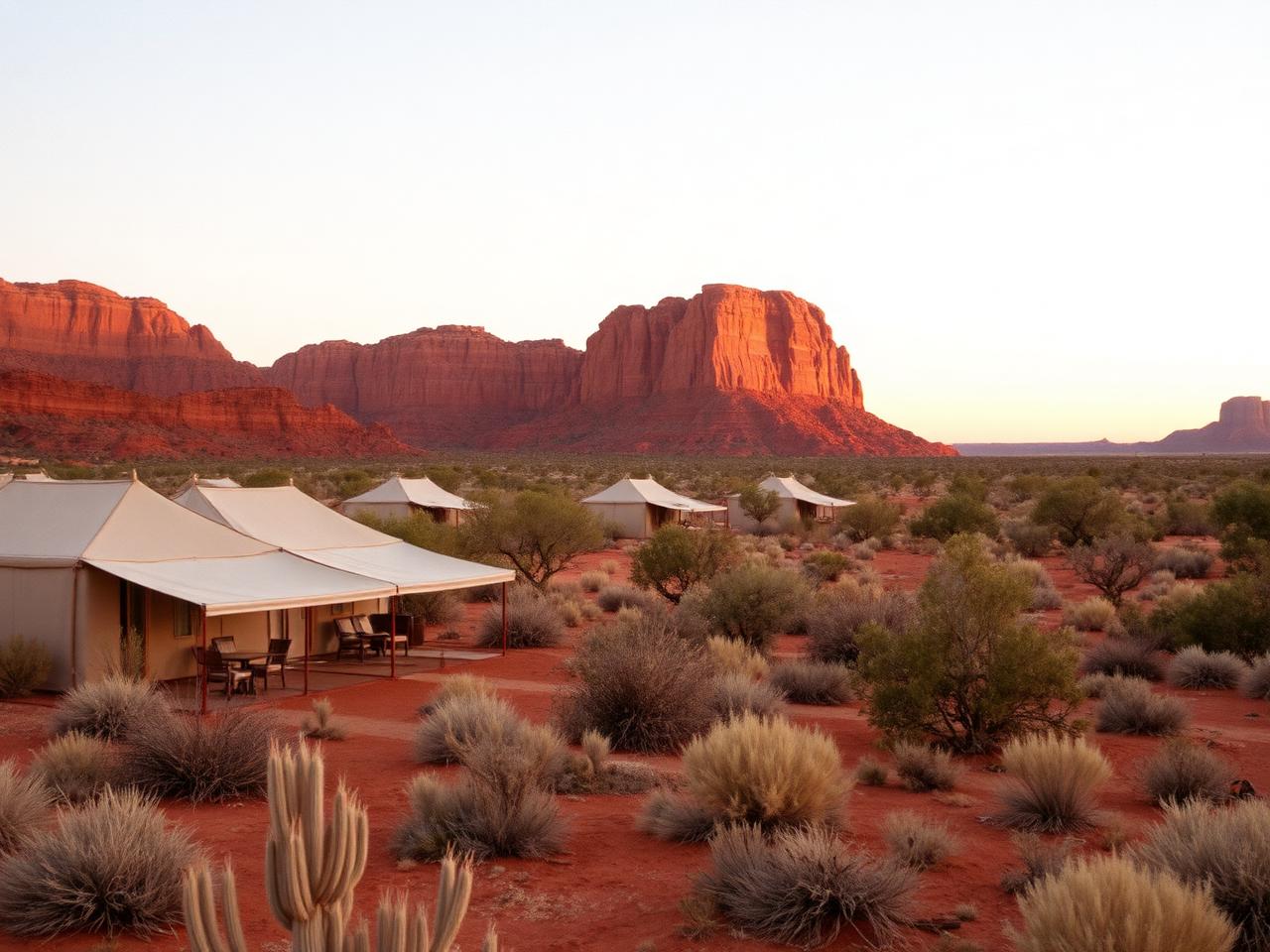 Tented pavilion in red desert dunes facing a large sandstone monolith at dawn