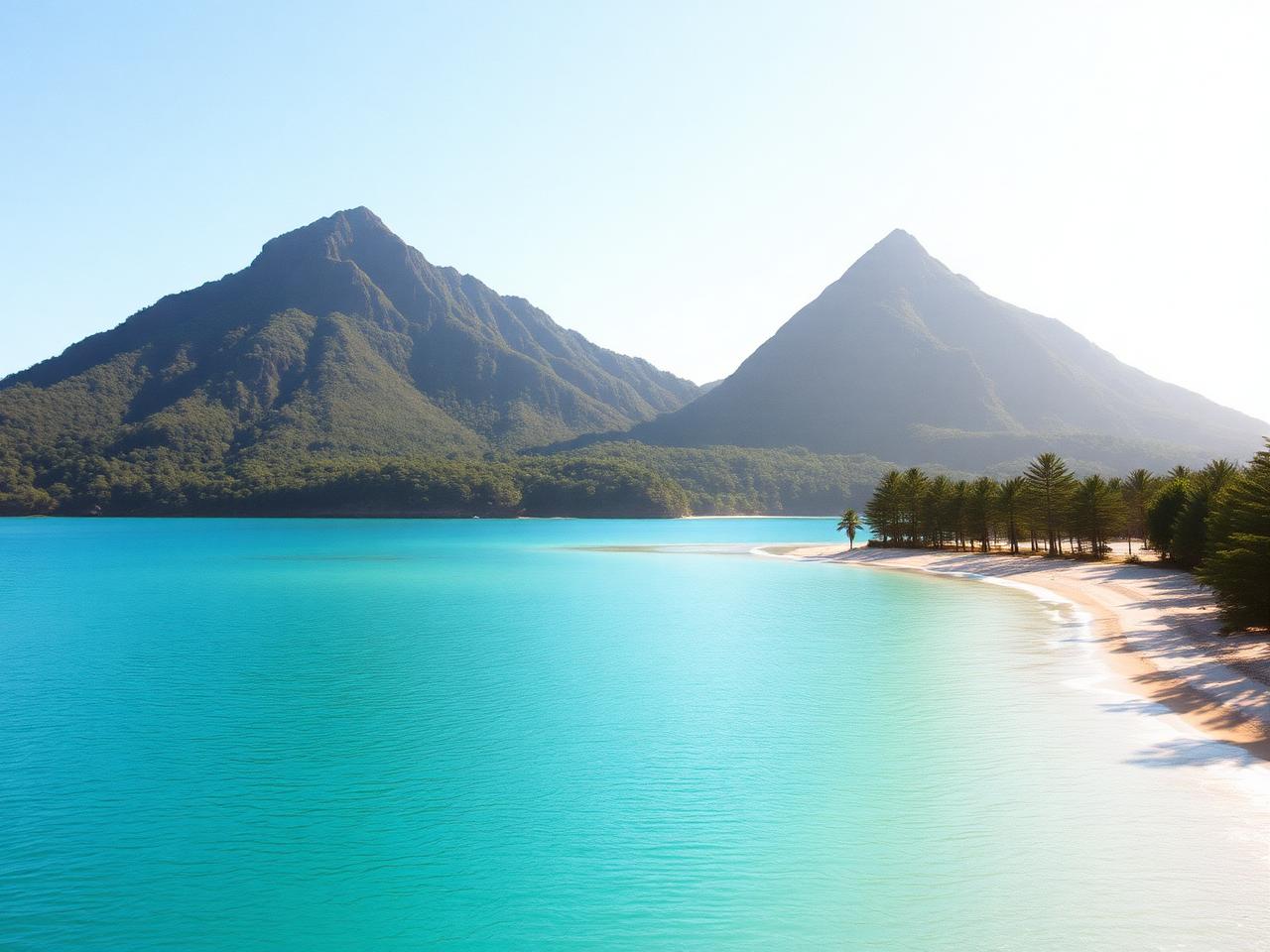 Green volcanic peaks rising above a turquoise island lagoon and pandanus