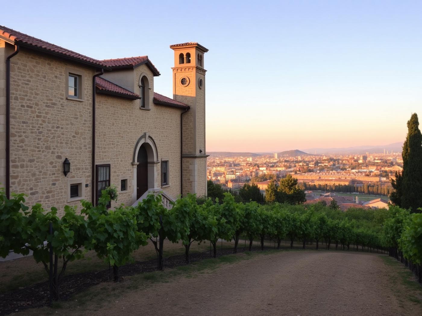 Historic stone winery buildings and vines on the edge of a city at evening