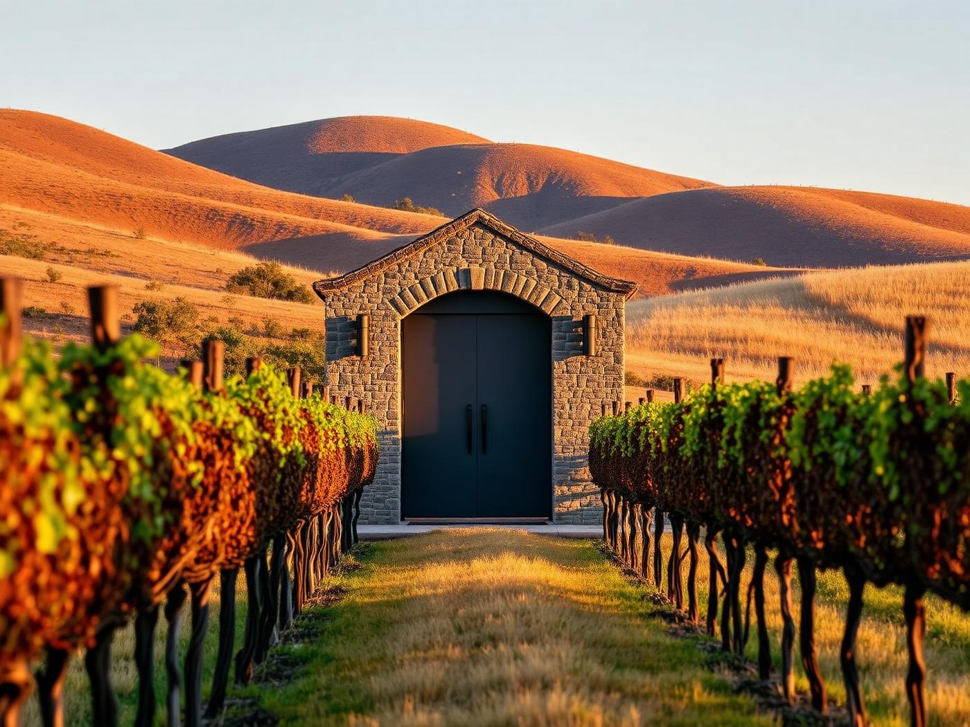 Stone cellar door building at the end of a vineyard row with dry hills behind at golden hour
