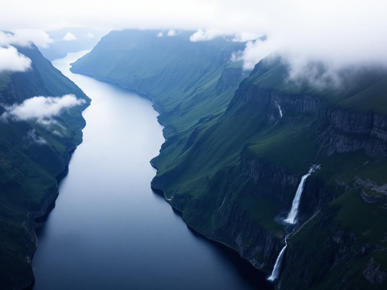 Helicopter above a deep fiord with sheer cliff walls dropping into dark water