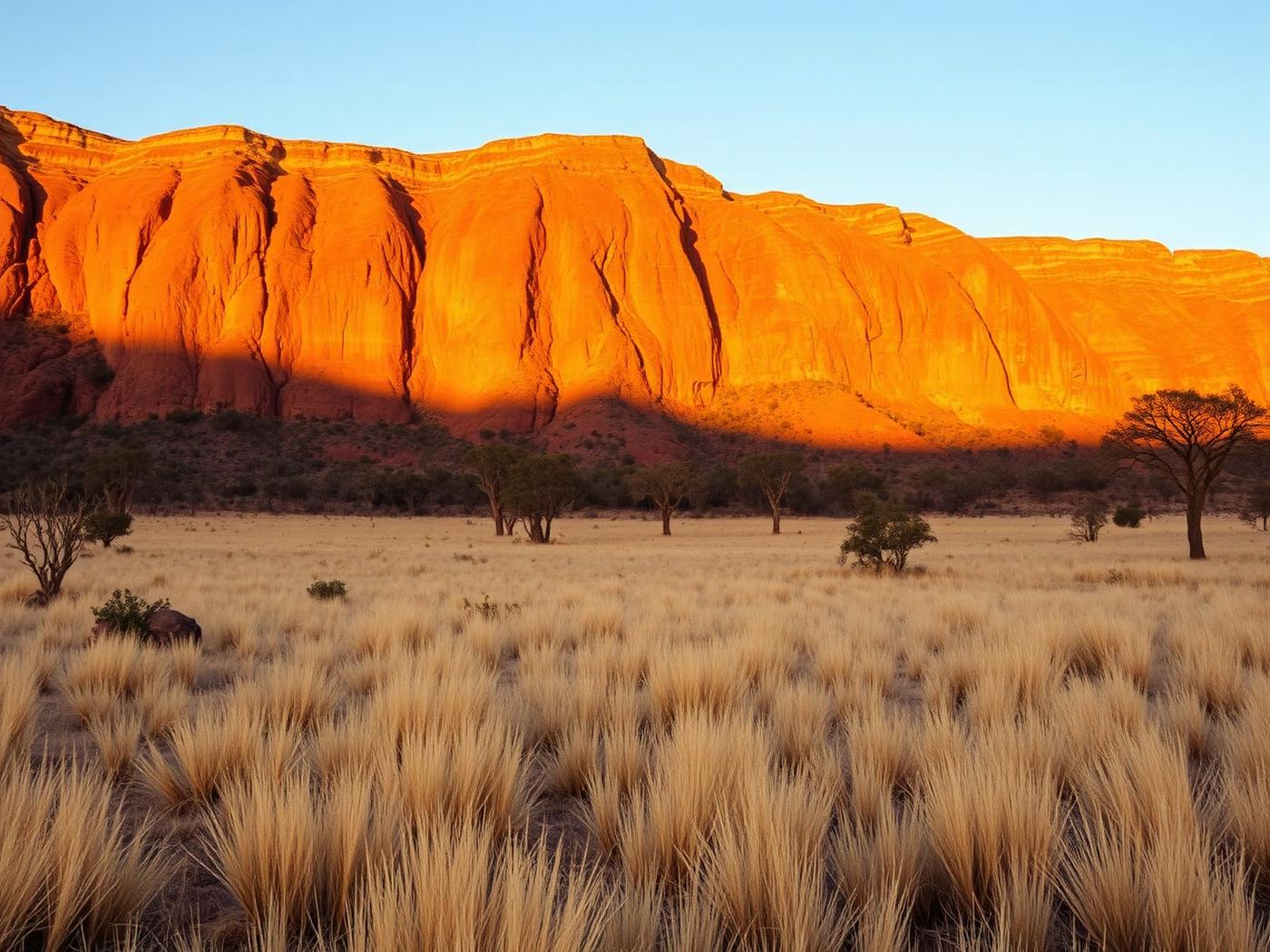Long flat-topped sandstone escarpment above dry grass plains and scattered gums at golden hour