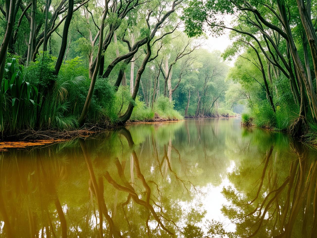 Still tea-coloured water reflecting paperbarks on the upper Noosa River