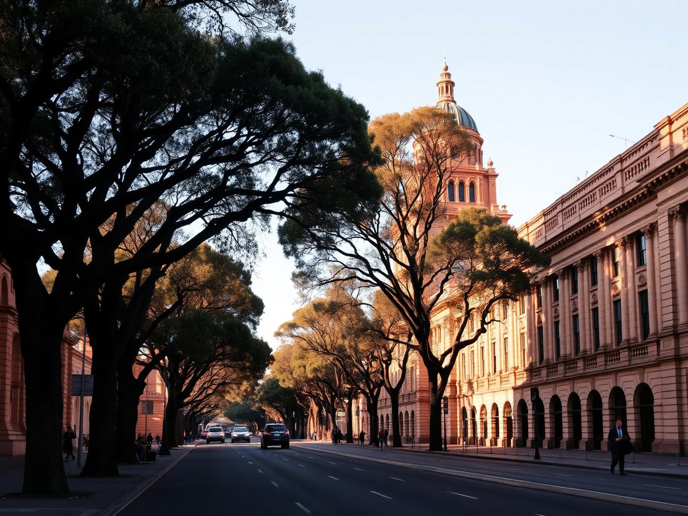 Boulevard of grand sandstone institutions and large trees in an Australian city at golden hour