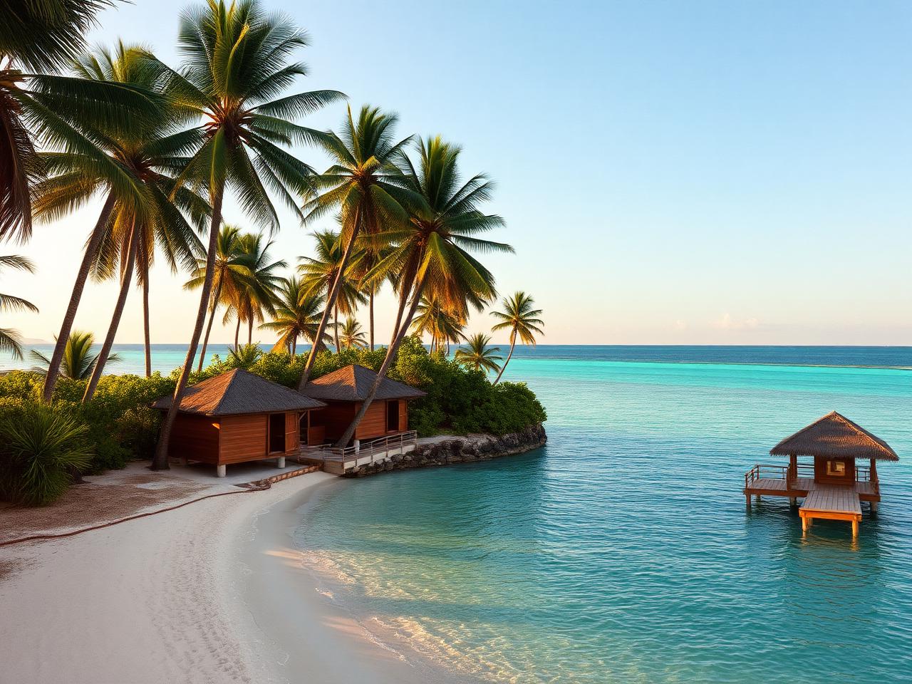 Secluded tropical island beach with palms, pale sand and a calm reef lagoon