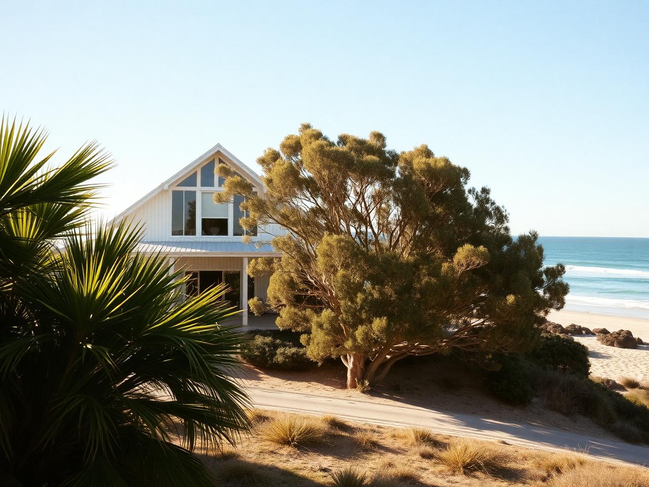 Modern coastal house with open terrace, pale timber and palms above a beach
