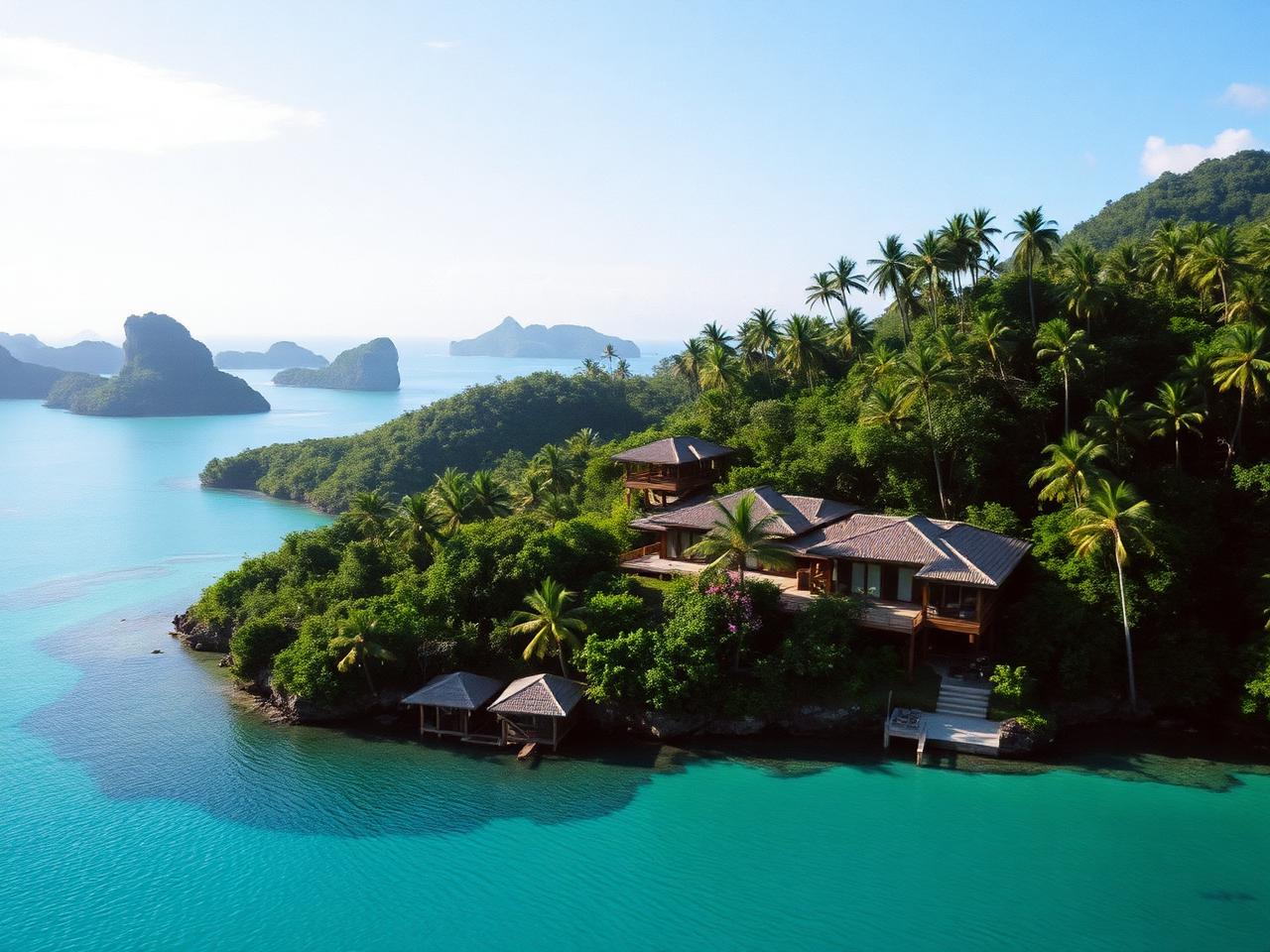 Timber pavilion with a private plunge pool overlooking blue island water