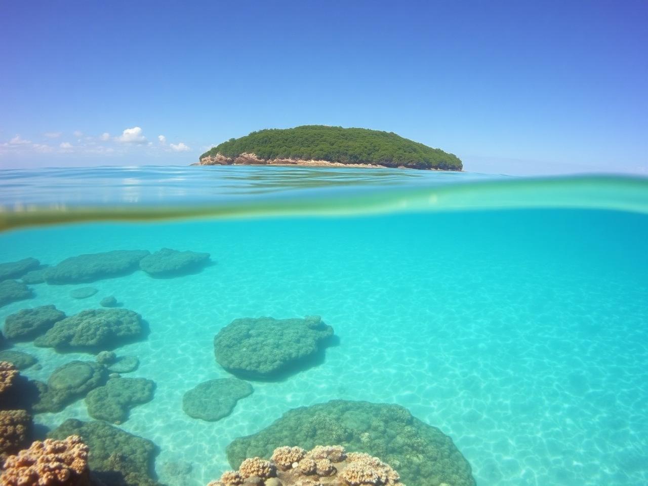 Seaplane on calm water above a coral reef edge in bright tropical light