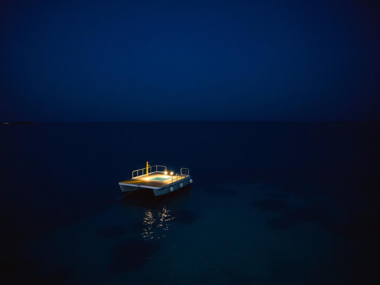 Moored reef pontoon on open ocean at dusk with lights reflecting on the water