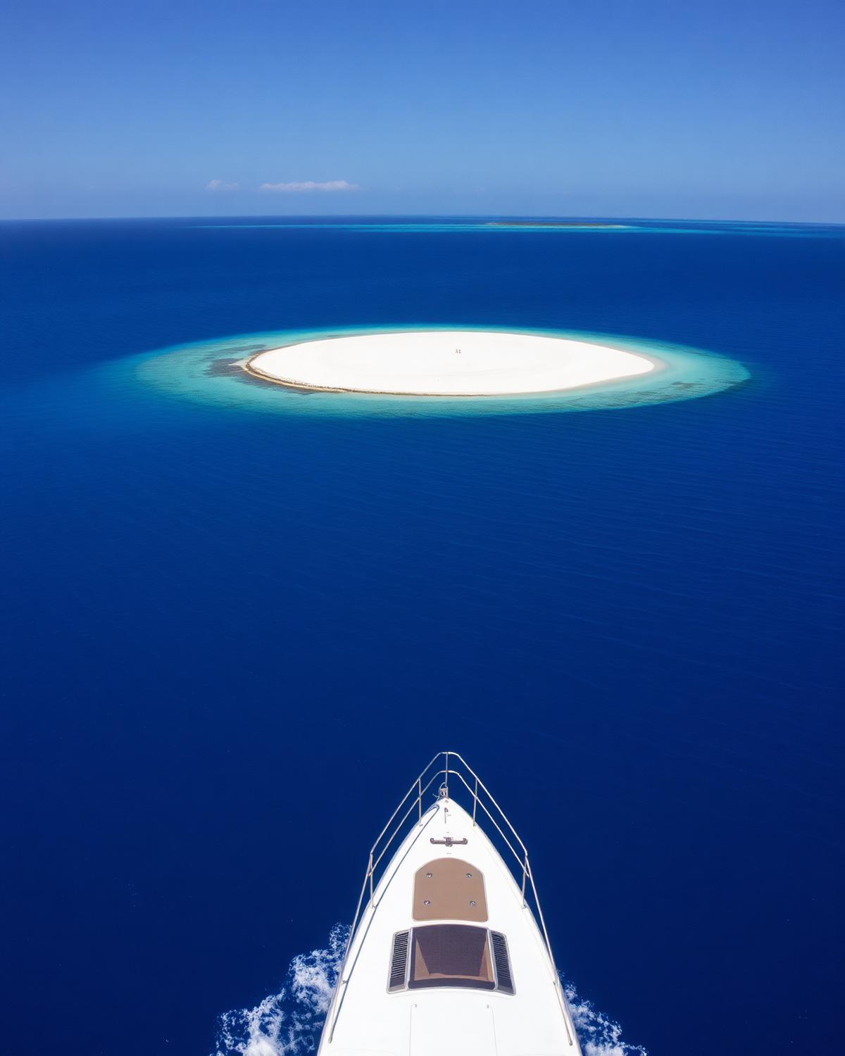 The bow of a motor yacht approaching a sand cay ringed by reef