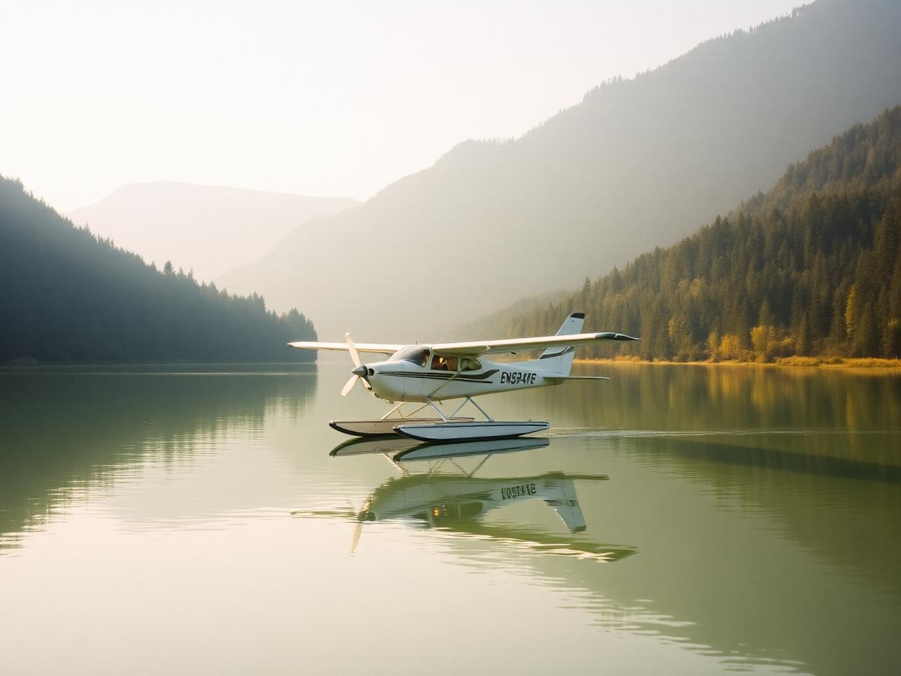 Seaplane on calm water beside a waterside terrace