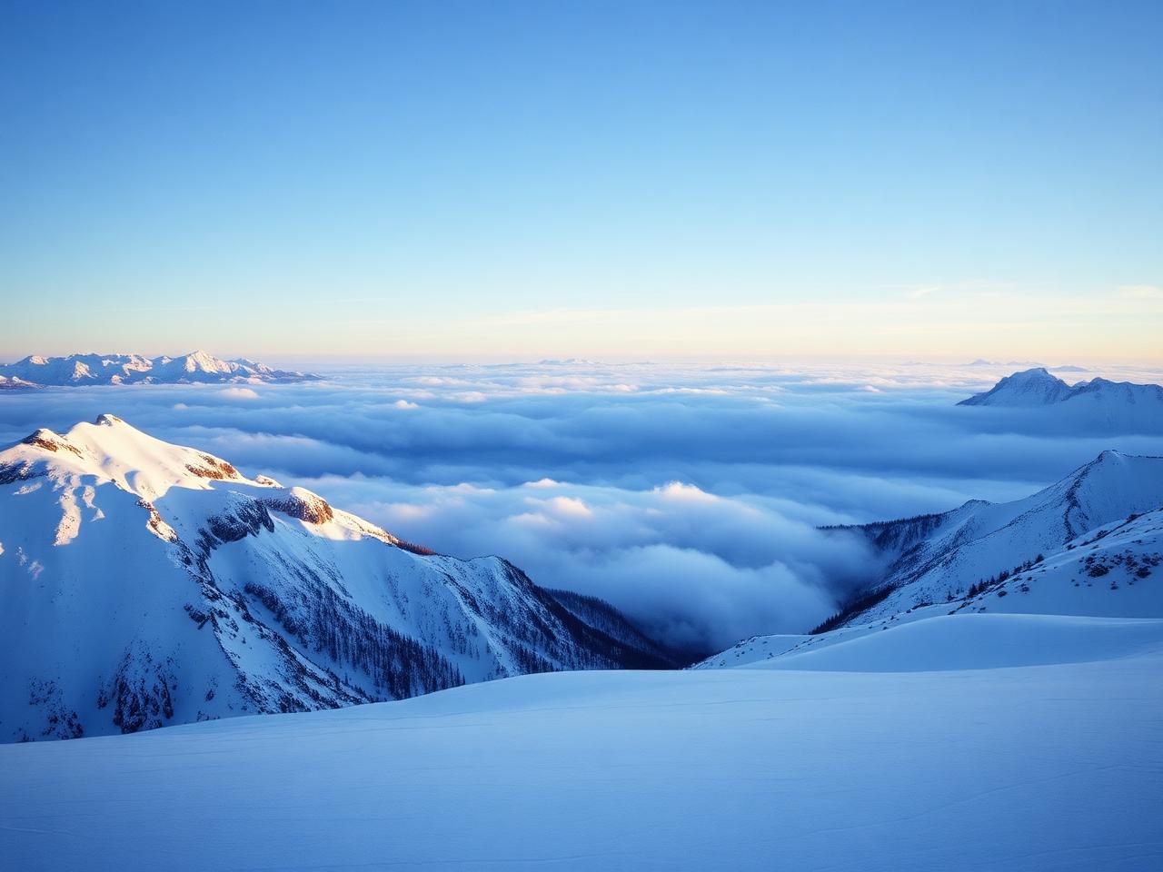 Skier's view across a broad snow basin with alpine ridgelines and clear light