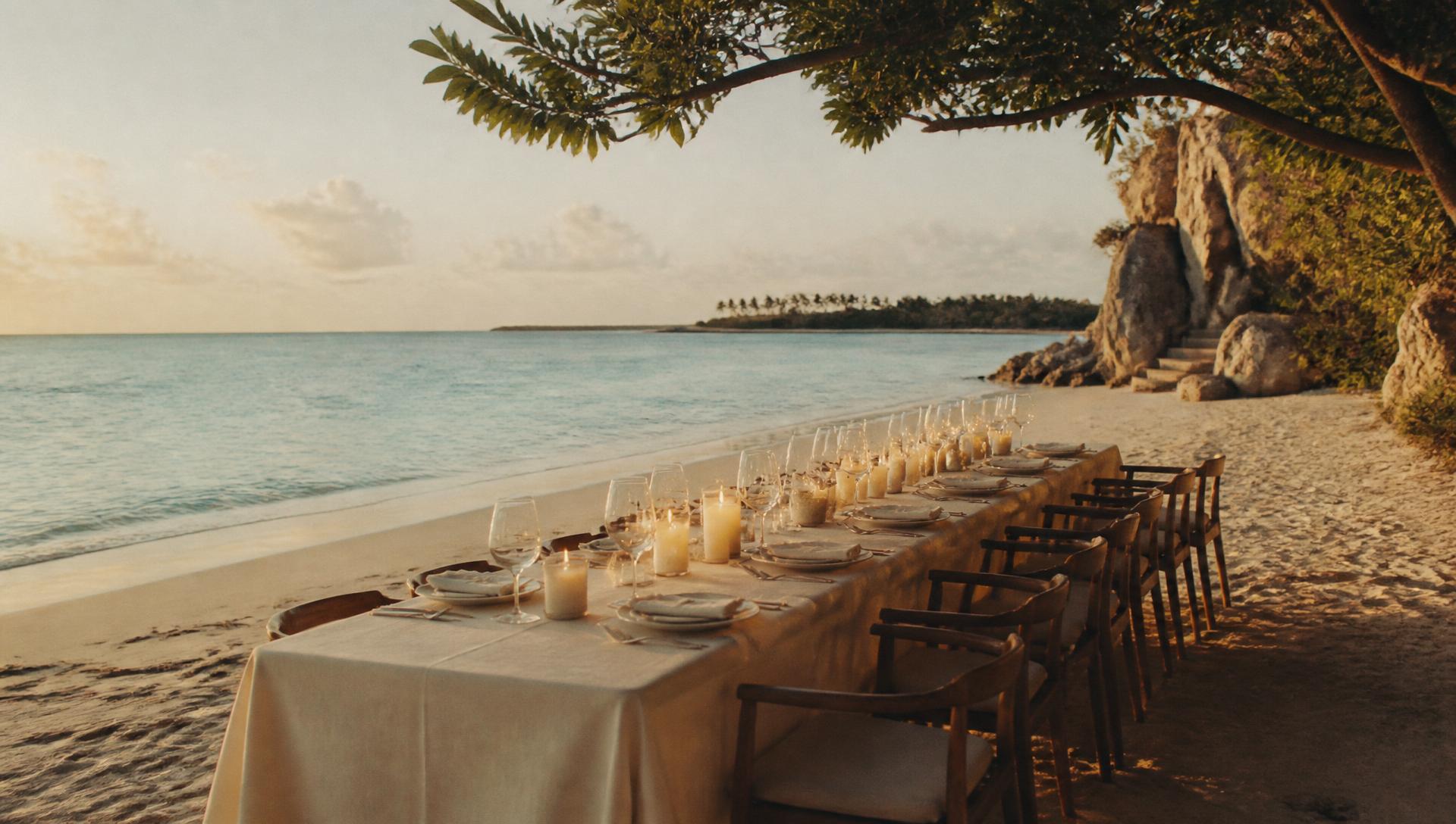 A long timber table set for lunch on the white silica sand of Whitehaven Beach.