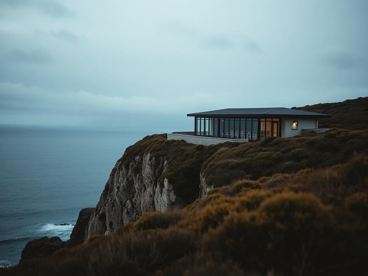 Long low lodge building on a windswept clifftop above a wild southern coastline