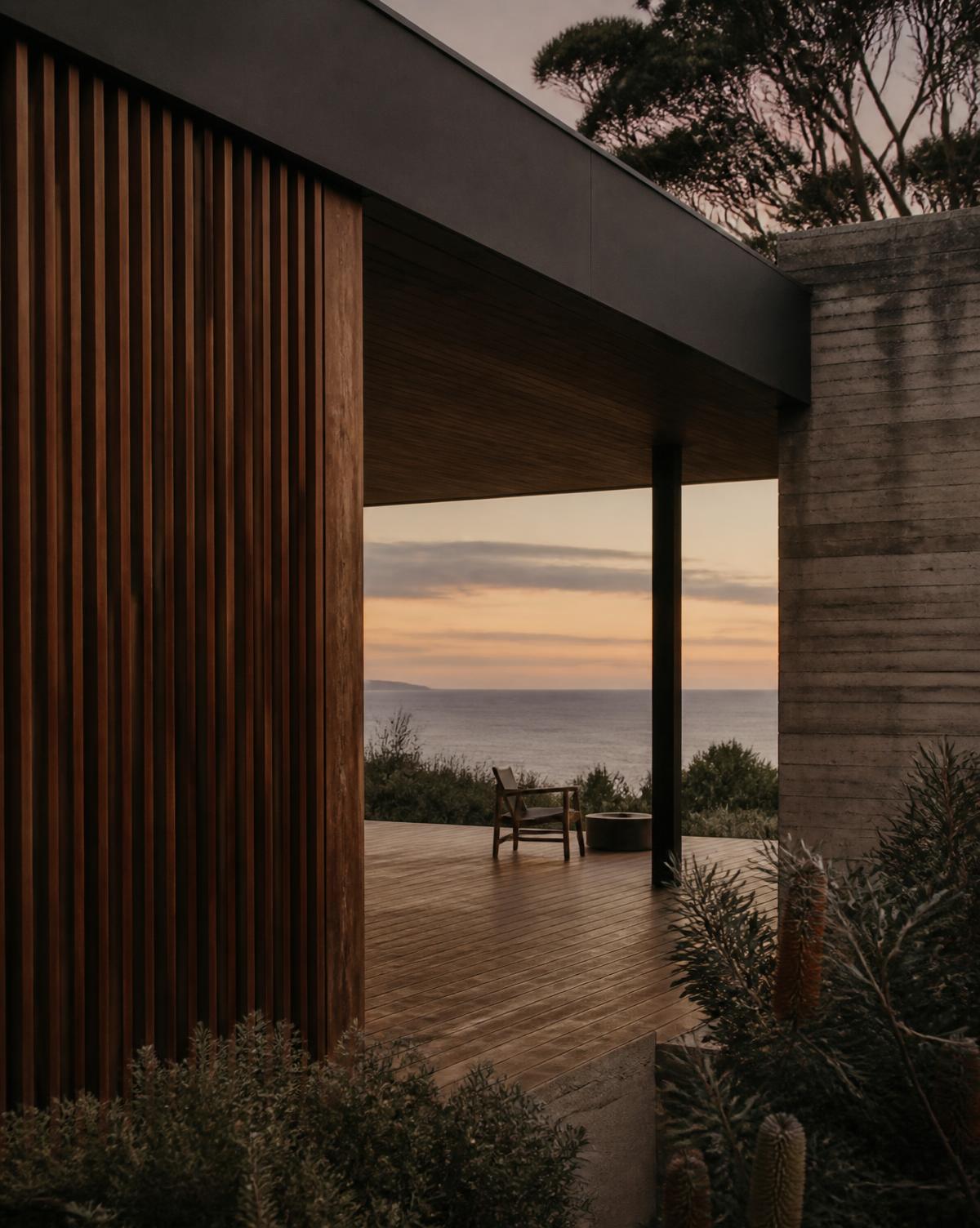 A timber and concrete coastal house with a deep shaded verandah looking to the ocean at dusk