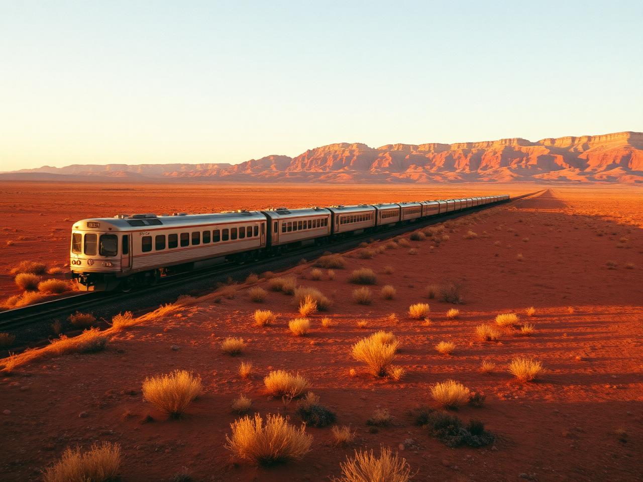 Long passenger train crossing flat red desert country under a wide pale sky