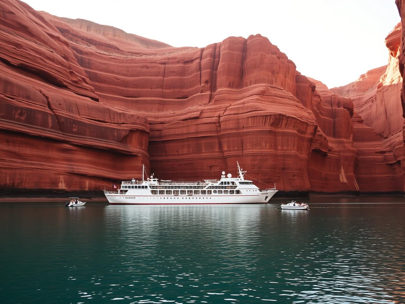 Small white expedition ship at anchor beneath layered red sandstone cliffs on a remote coast